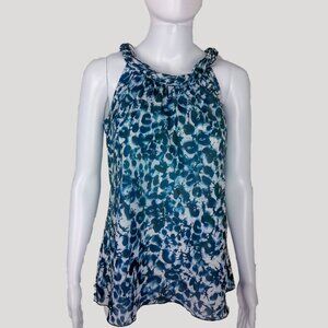 Spense Blue & White Floral Abstract Halter Neckline Sleeveless Blouse